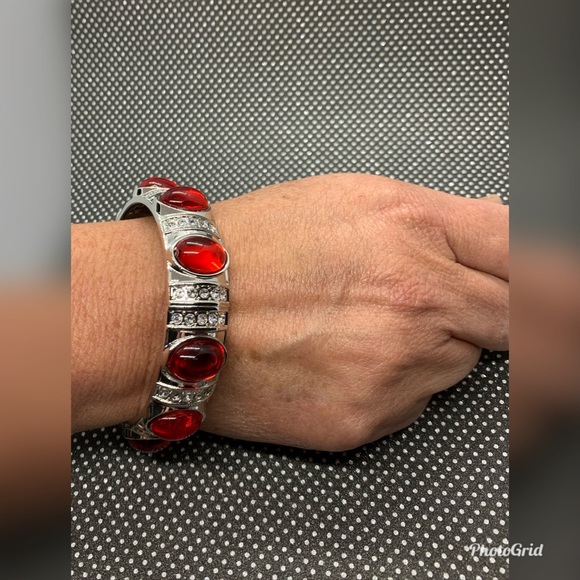 Simulated Ruby & Austrian Crystal Bangle Bracelet - Picture 3 of 5